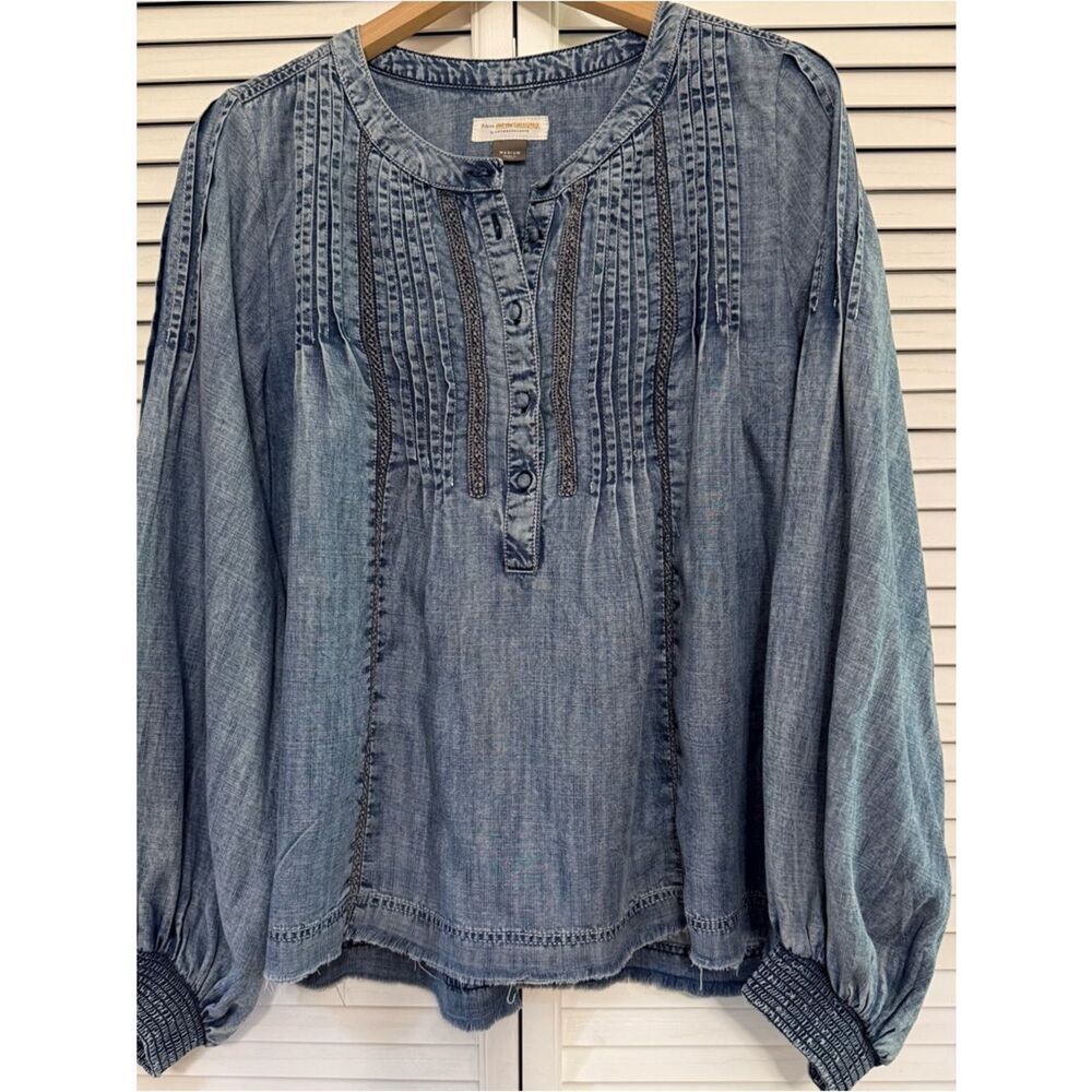 ANTHROPOLOGIE Pilcro Denim Pintuck Henley Blouse - Picture 3 of 14